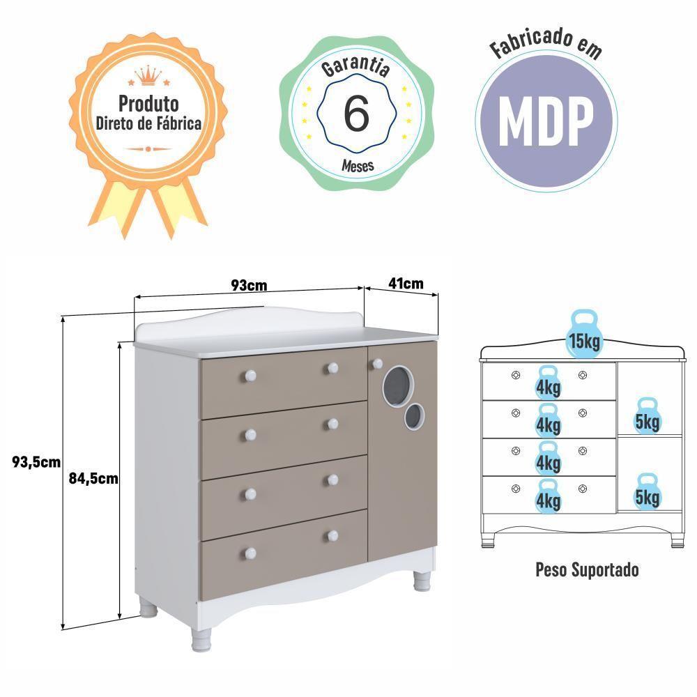 Cômoda Infantil Organizadora 4 Gavetas Grande 1 Porta Com Prateleira E Trocador Para Quarto De Bebê Branco Com Cinnamon - 5