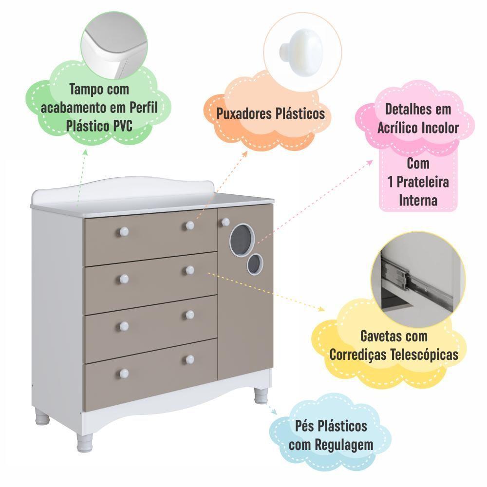 Cômoda Infantil Organizadora 4 Gavetas Grande 1 Porta Com Prateleira E Trocador Para Quarto De Bebê Branco Com Cinnamon - 6