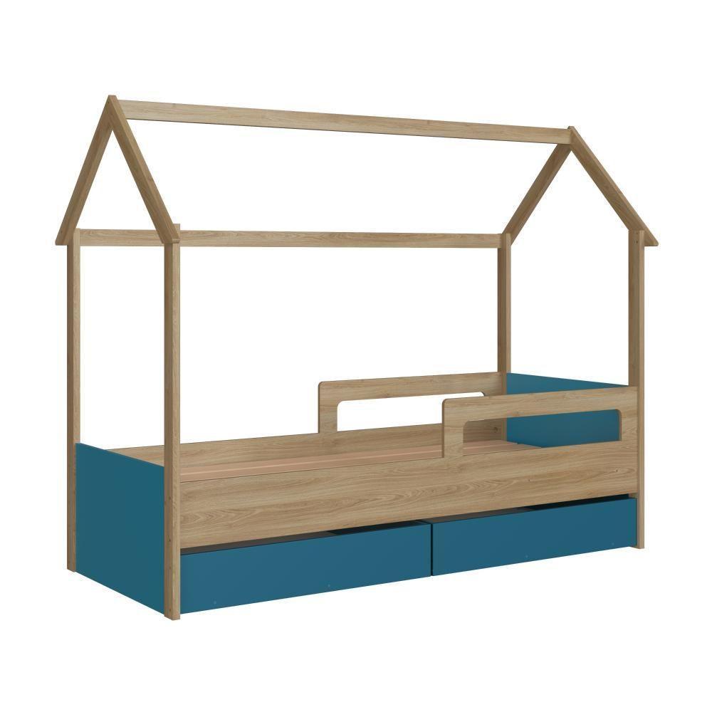 Cama Infantil Montessoriana Casinha Solteiro Menino Menina Com Proteção Lateral E Gavetas Com Rodas Aveiro Oak Com Azul - 10