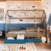 Cama Infantil Montessoriana Casinha Solteiro Menino Menina Com Proteção Lateral E Gavetas Com Rodas Aveiro Oak Com Azul - 2