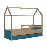 Cama Infantil Montessoriana Casinha Solteiro Menino Menina Com Proteção Lateral E Gavetas Com Rodas Aveiro Oak Com Azul - 10