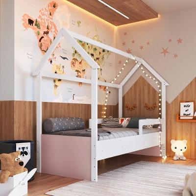 Cama Infantil Montessoriana Casinha Menino Menina Solteiro Com Proteção Lateral Branco Com Rosa