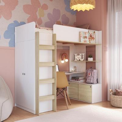 Cama Infantil Alta Multifuncional Office Elevada com Armário Escrivaninha e Prateleira MDP Branco