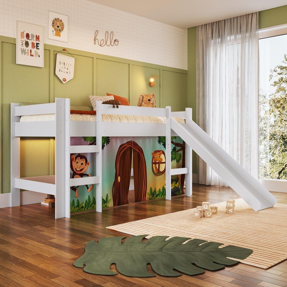 Cama Infantil Elevada Casinha Menino Menina Solteiro 202cm Com Escada E Escorregador Branco Com Zoo - 1