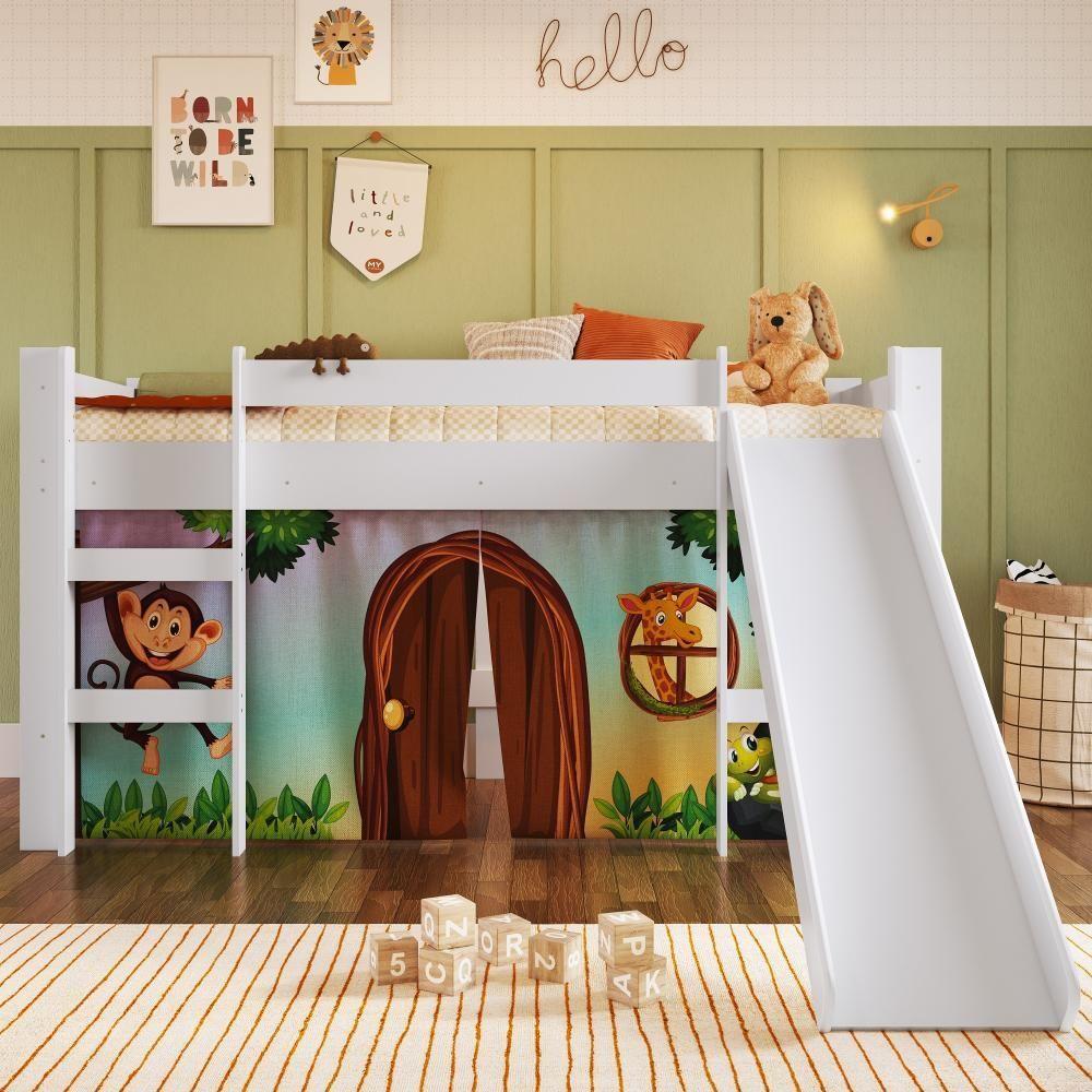 Cama Infantil Elevada Casinha Menino Menina Solteiro 202cm Com Escada E Escorregador Branco Com Zoo - 2