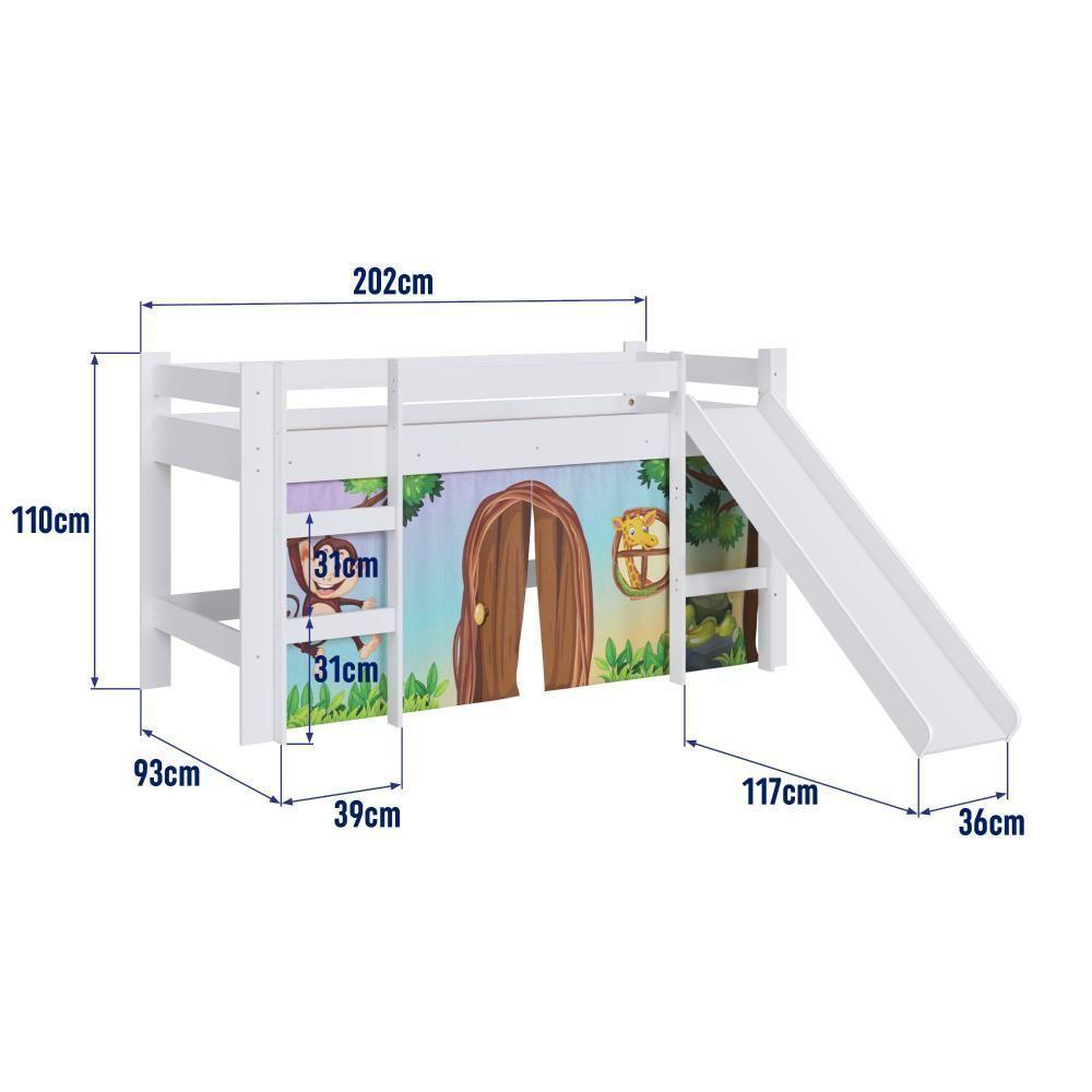 Cama Infantil Elevada Casinha Menino Menina Solteiro 202cm Com Escada E Escorregador Branco Com Zoo - 7