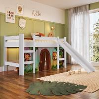 Cama Infantil Elevada Casinha Menino Menina Solteiro 202cm Com Escada E Escorregador Branco Com Zoo - 1