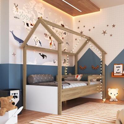 Cama Infantil Montessoriana Casinha Menino Menina Solteiro Com Proteção Lateral Aveiro Com Branco