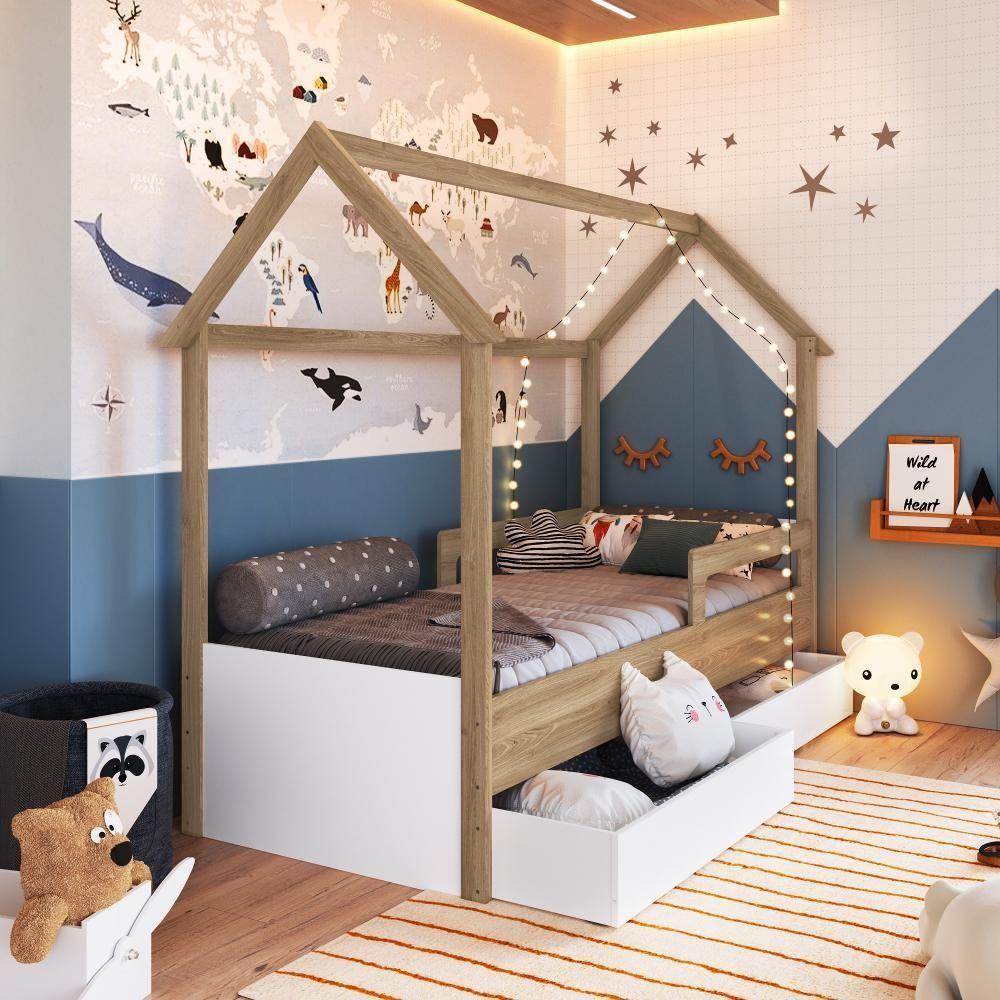 Cama Infantil Montessoriana Casinha Solteiro Menino Menina Com Proteção Lateral E Gavetas Com Roda Aveiro Oak Com Branco - 1