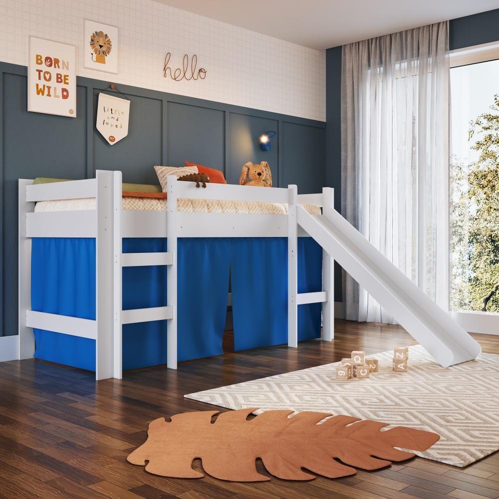 Cama Infantil Elevada Casinha Menino Menina Solteiro 202cm Com Escada E Escorregador Branco Com Azul - 1