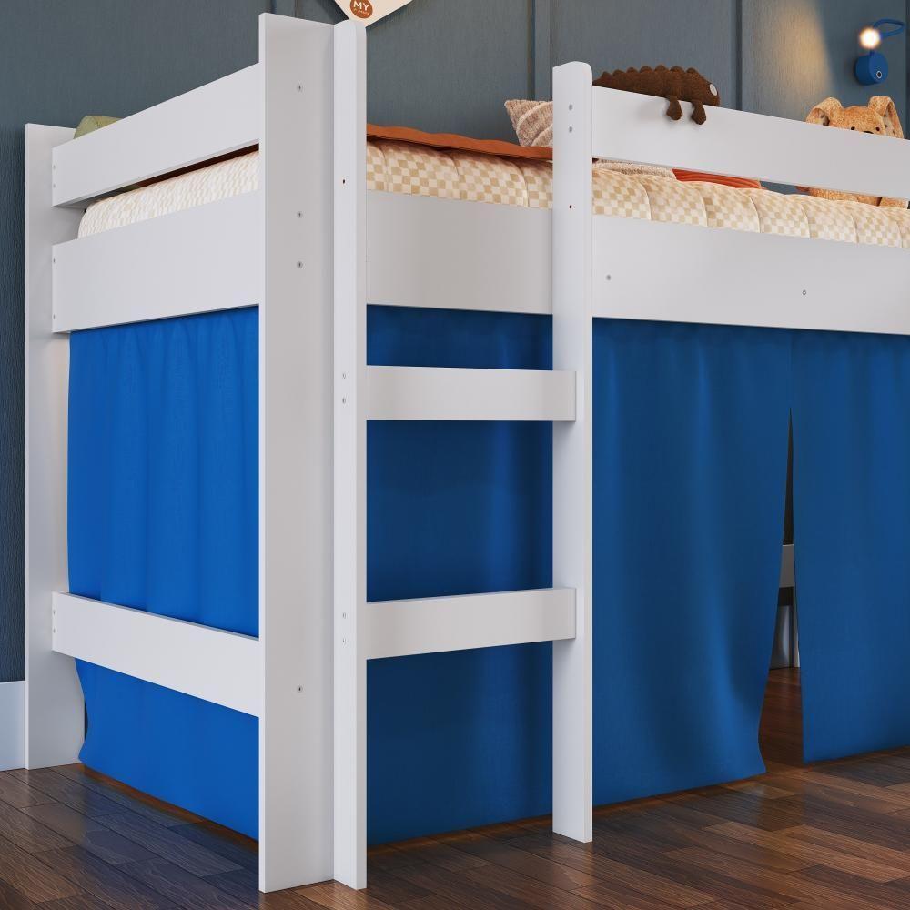 Cama Infantil Elevada Casinha Menino Menina Solteiro 202cm Com Escada E Escorregador Branco Com Azul - 3