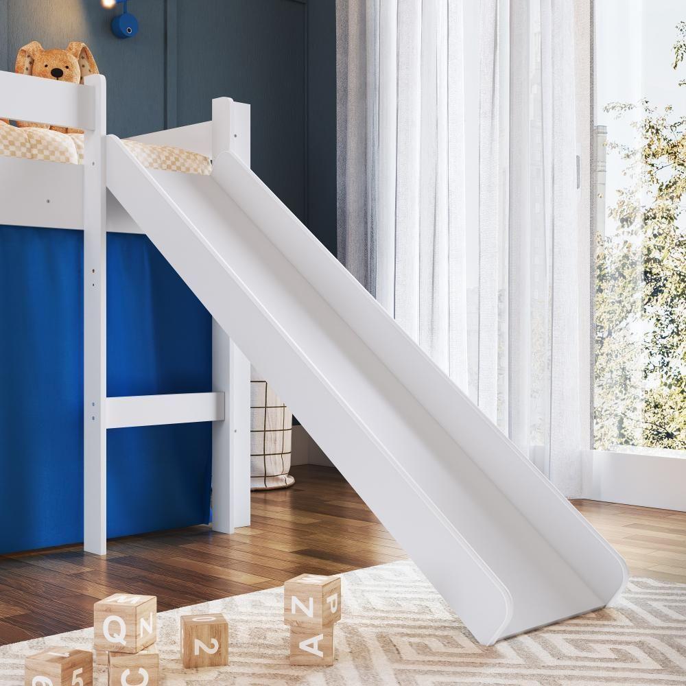 Cama Infantil Elevada Casinha Menino Menina Solteiro 202cm Com Escada E Escorregador Branco Com Azul - 4