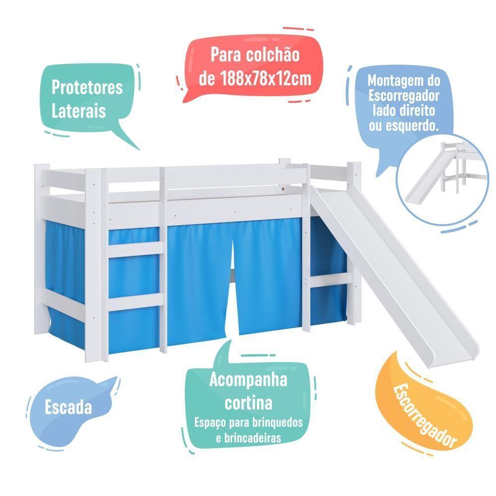 Cama Infantil Elevada Casinha Menino Menina Solteiro 202cm Com Escada E Escorregador Branco Com Azul - 6