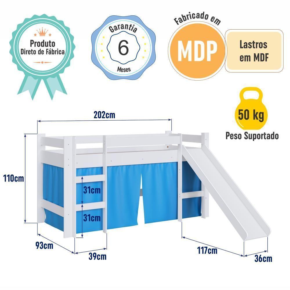 Cama Infantil Elevada Casinha Menino Menina Solteiro 202cm Com Escada E Escorregador Branco Com Azul - 8