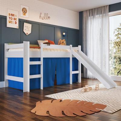 Cama Infantil Elevada Casinha Menino Menina Solteiro 202cm Com Escada E Escorregador Branco Com Azul