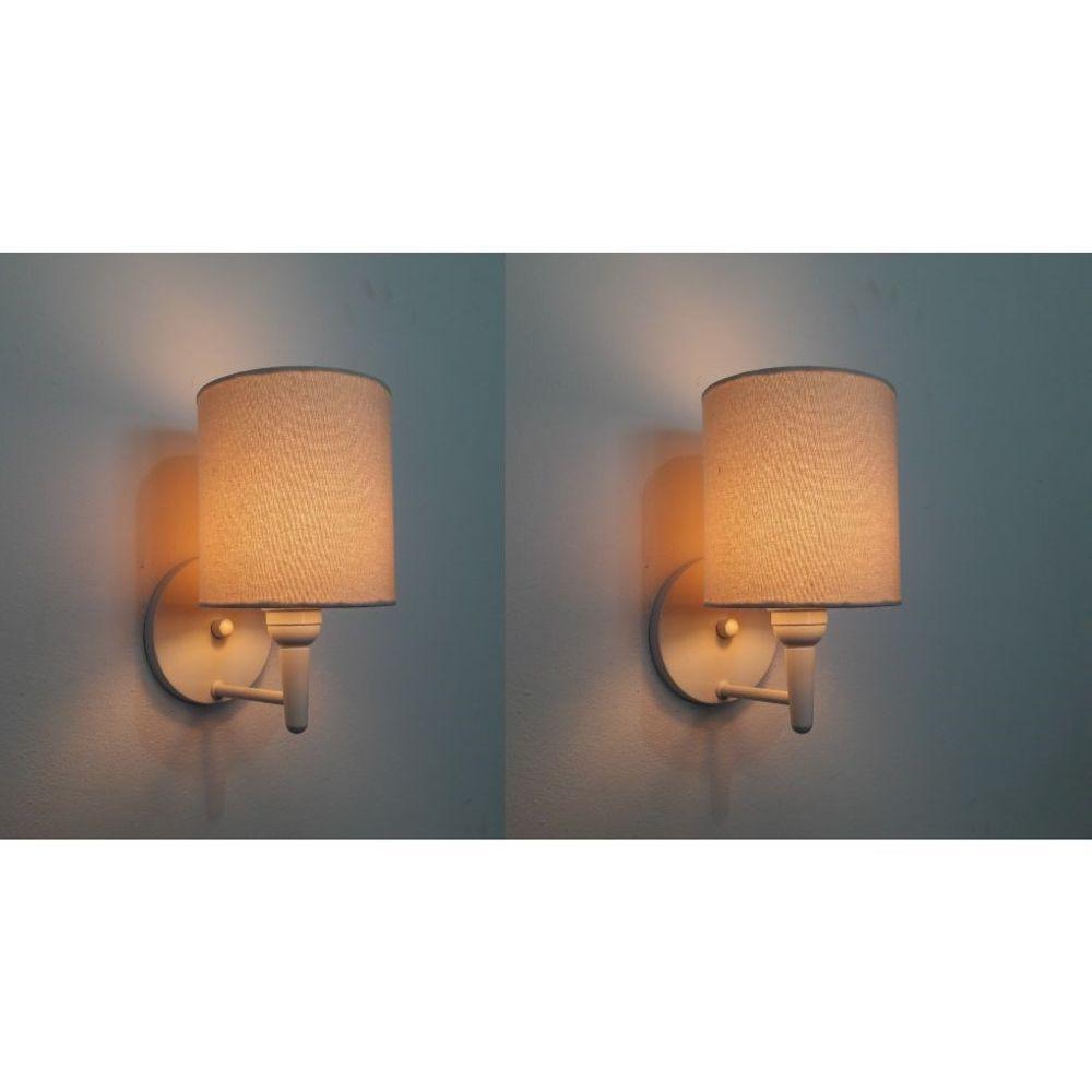 Kit-2 Arandela Cilíndrica Md-2009 Base Branco Cúpula Em Tecido 14x15cm Algodão Crú - Bivolt - 2