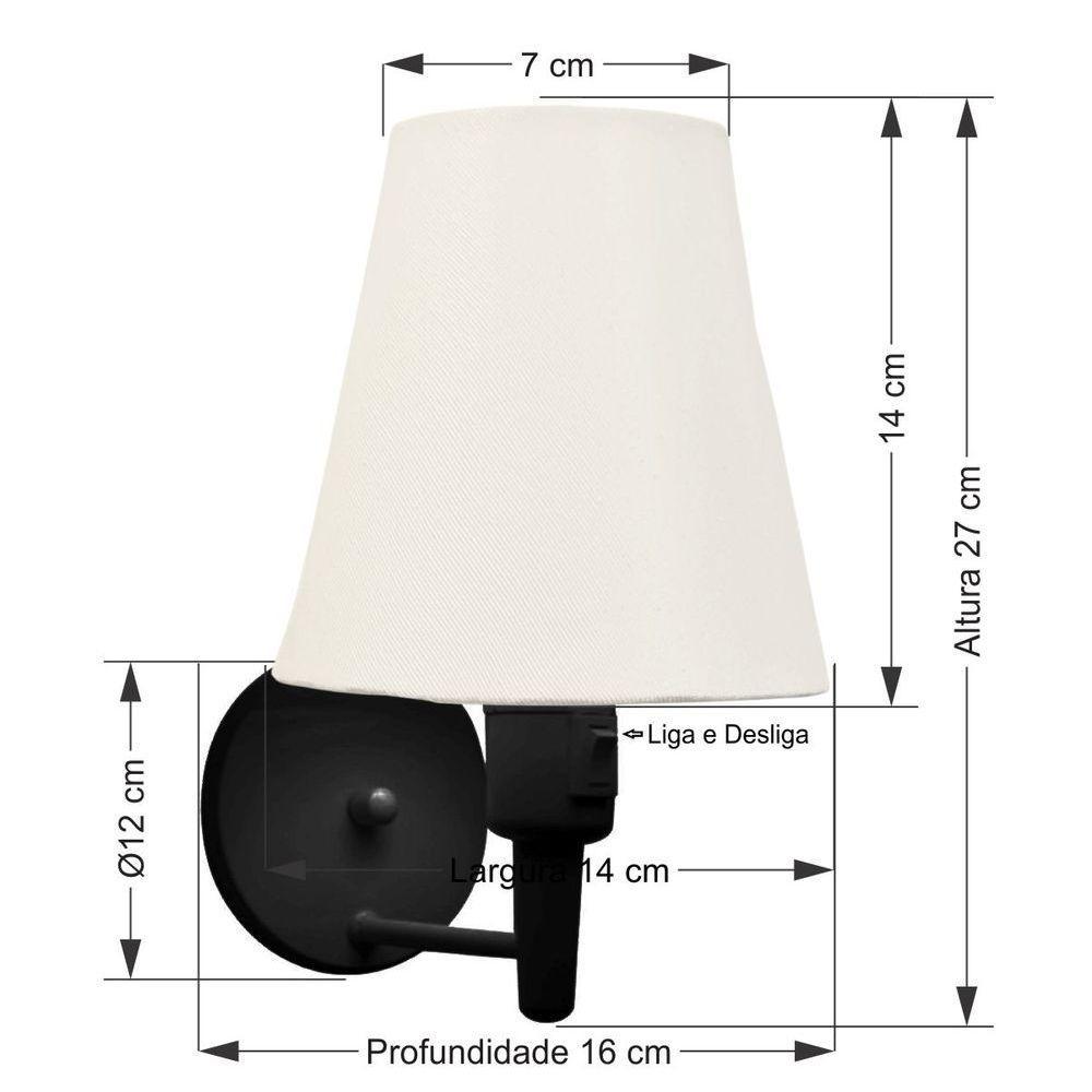 Kit-2 Arandela Cone Md-2013 Preto C- Inter Liga E Desl Cúpula Em Tecido Branco - Bivolt - 8