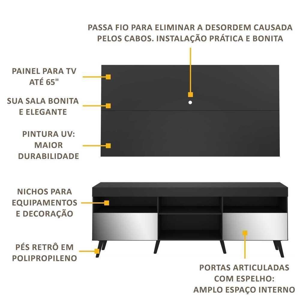 Rack Com Painel Tv 65" Retrô Com Espelho Flórida Multimóveis V3138 Preto Preto - 7