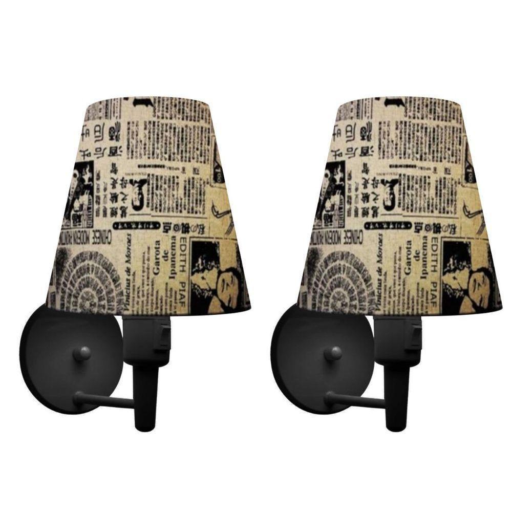 Kit-2 Arandela Cone Md-2013 Preto C- Inter Liga E Desl Cúpula Em Tecido Ny-jornal - Bivolt - 1