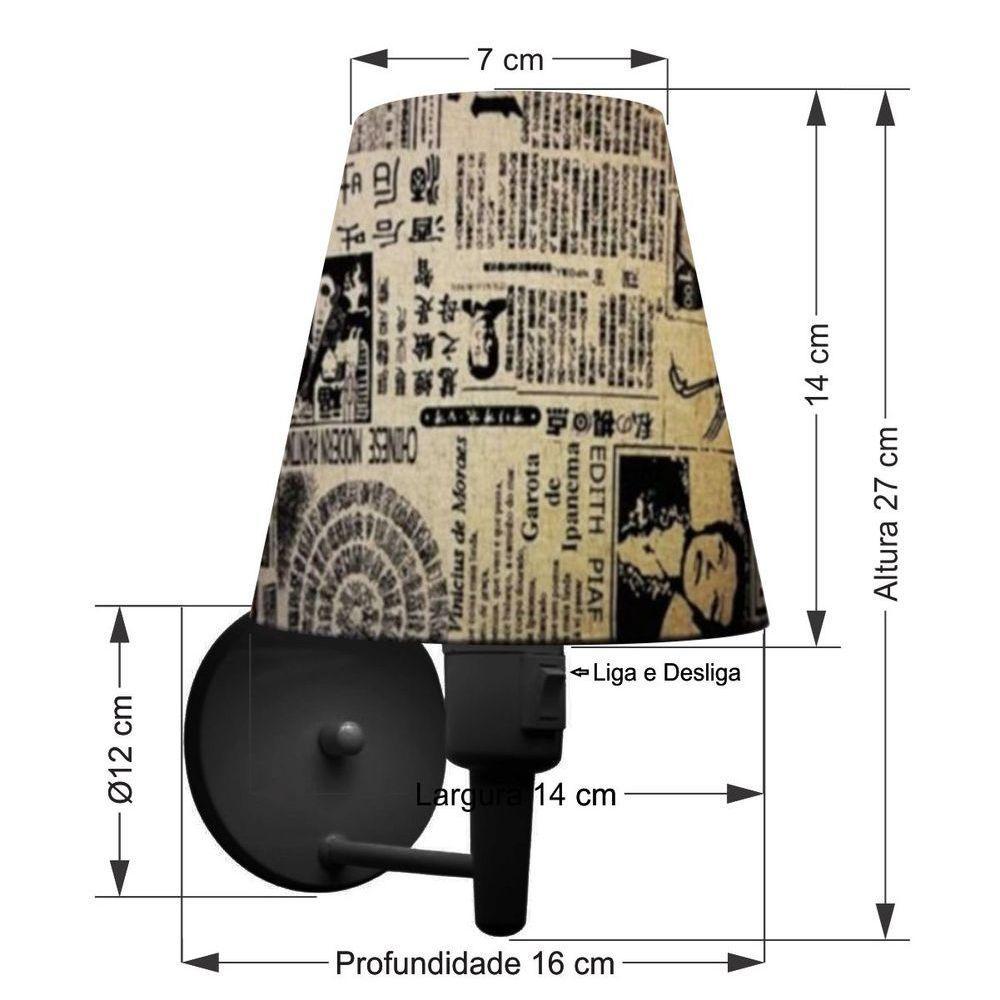 Kit-2 Arandela Cone Md-2013 Preto C- Inter Liga E Desl Cúpula Em Tecido Ny-jornal - Bivolt - 3