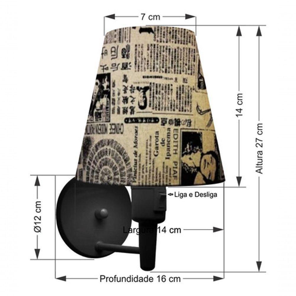 Kit-2 Arandela Cone Md-2013 Preto C- Inter Liga E Desl Cúpula Em Tecido Ny-jornal - Bivolt - 7