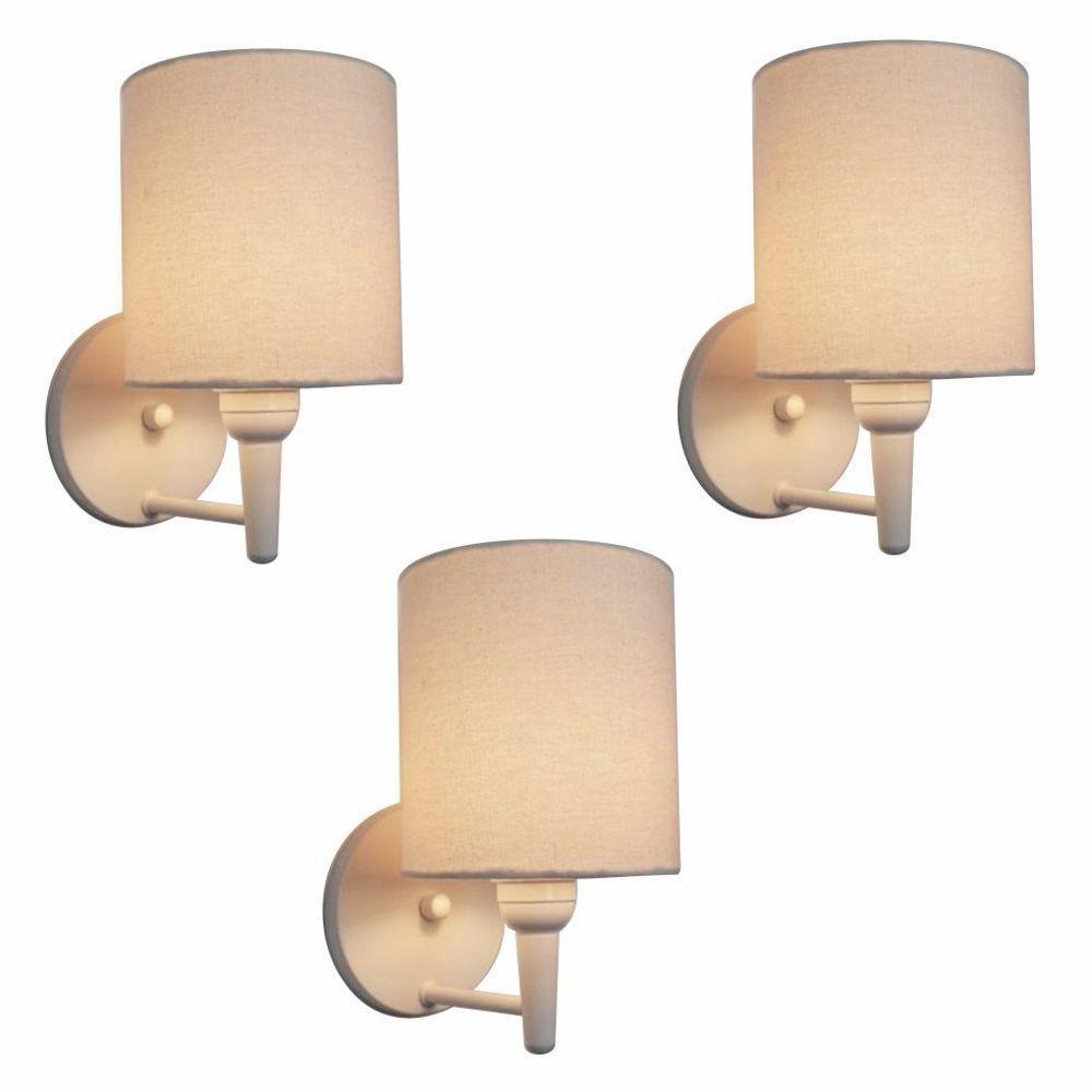 Kit-3 Arandela Cilíndrica Md-2009 Base Branco Cúpula Em Tecido 14x15cm Algodão Crú - Bivolt - 6