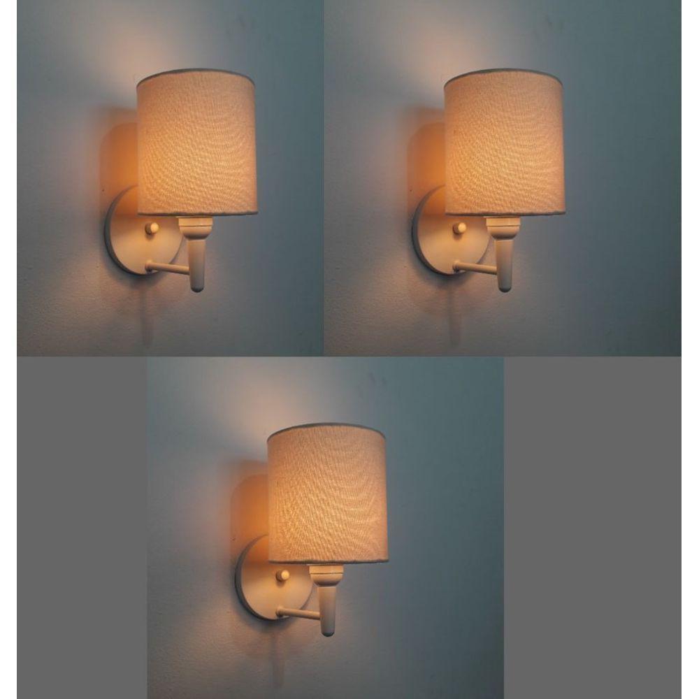 Kit-3 Arandela Cilíndrica Md-2009 Base Branco Cúpula Em Tecido 14x15cm Algodão Crú - Bivolt - 7