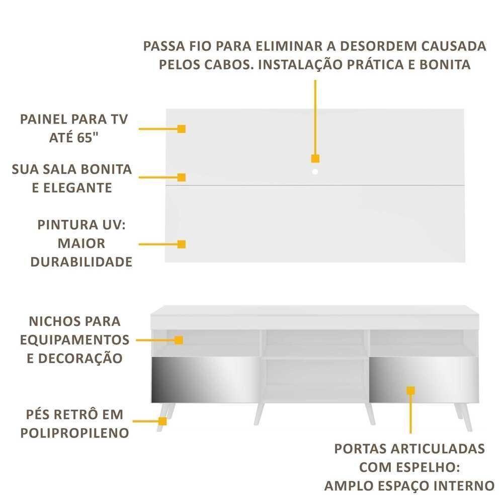 Rack Com Painel Tv 65" Retrô Com Espelho Flórida Multimóveis V3138 Branco Branco - 7