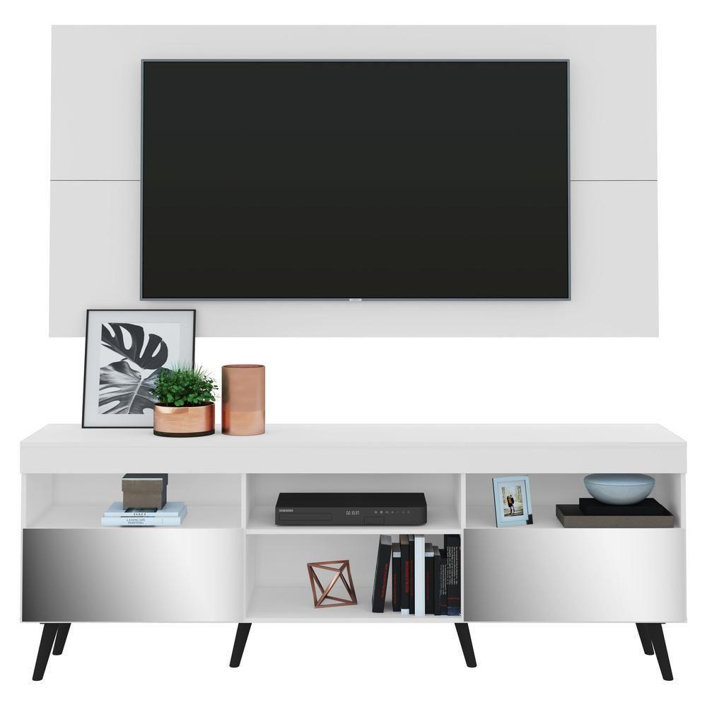 Rack Com Painel Tv 65" Retrô Com Espelho Flórida Multimóveis V3138 Branco/Preto Branco/Preto - 1