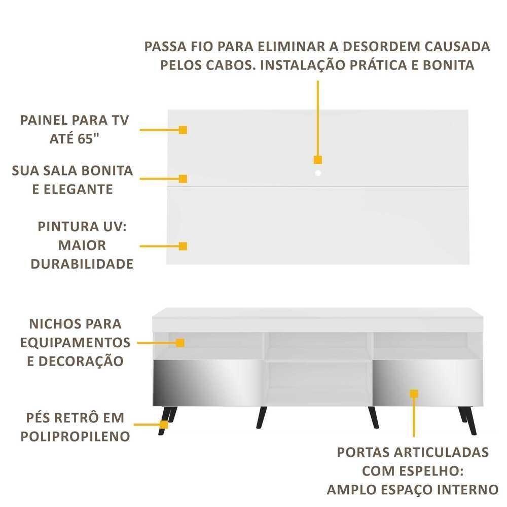Rack Com Painel Tv 65" Retrô Com Espelho Flórida Multimóveis V3138 Branco/Preto Branco/Preto - 7