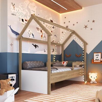 Cama Infantil Montessoriana Casinha Menino Menina Solteiro Com Proteção Lateral Aveiro Oak Com Branco