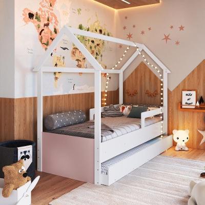 Cama Infantil Montessoriana Bicama Casinha Solteiro Menino Menina Com Proteção Lateral E Cama Auxiliar Branco Com Rosa