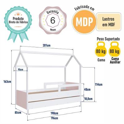 Cama Infantil Montessoriana Bicama Casinha Solteiro Menino Menina Com Proteção Lateral E Cama Auxiliar Branco Com Rosa