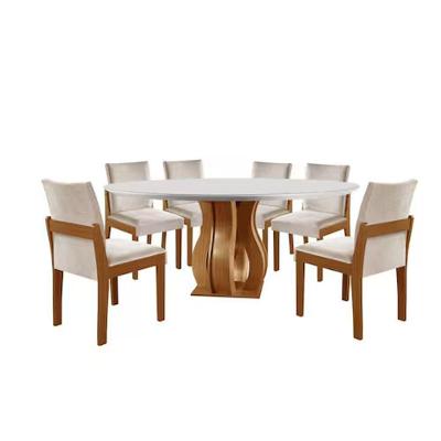 Conjunto Sala De Jantar Mesa Nuance 135cm Redonda Tampo Vidrro 6 Cadeiras Mônaco Castanho Cinamomo/suedy Creme - Marrom