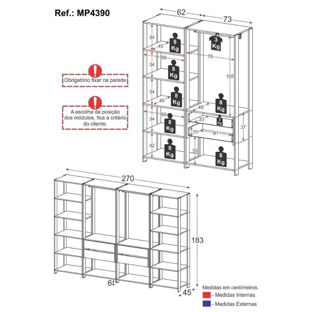 Closet Aberto Modulado Arara Organizadora Com Cabideiro 270cm Allegra Multimóveis Mp4390 Preto/madeirado - 4