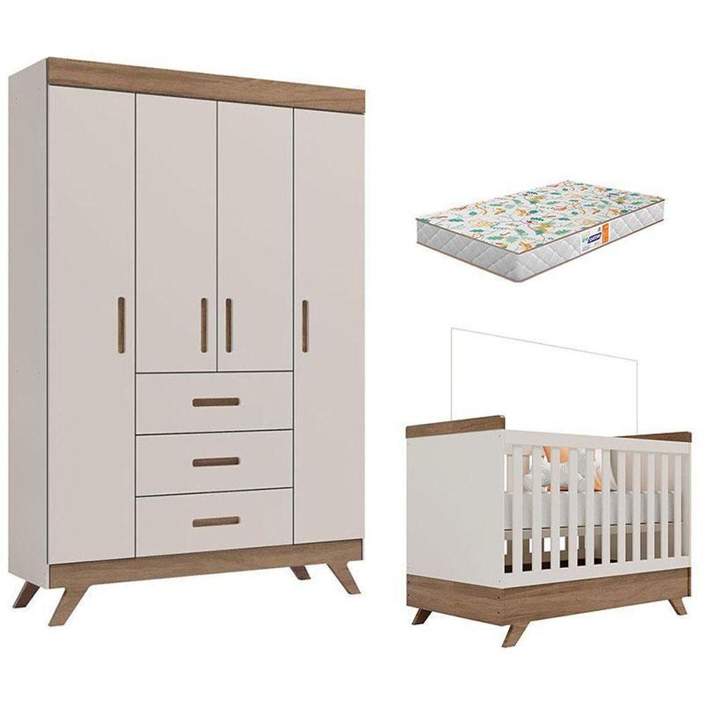 Berço Americano Vitória E Guarda Roupa Infantil Retrô Maya Off White Carvalho Com Colchão Gazin – Carolina - 1