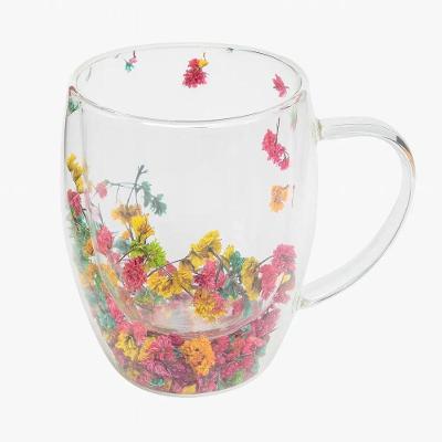 Xícara De Vidro Duplo 350ml Com Flor Natural Preservada – Isolamento Térmico E Design Elegante
