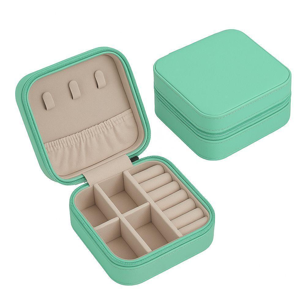 Porta-joias De Viagem Compacto Com Zíper – Couro Sintético, Compartimentos Para Anéis, Colares E Brincos Verde - 1