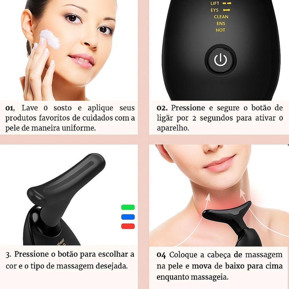 Aparelho De Massagem Facial Led Lift 3 Cores – Fototerapia, Vibração Sônica E Efeito Lifting Profissional Preto - 3