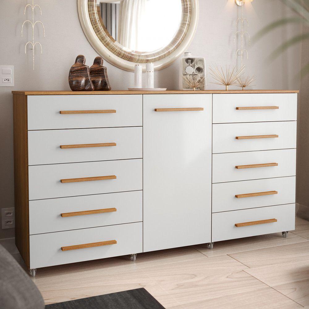 Cômoda Imperial 1 Porta 10 Gavetas Com Rodízio Batrol Freijo Com Off White - 4