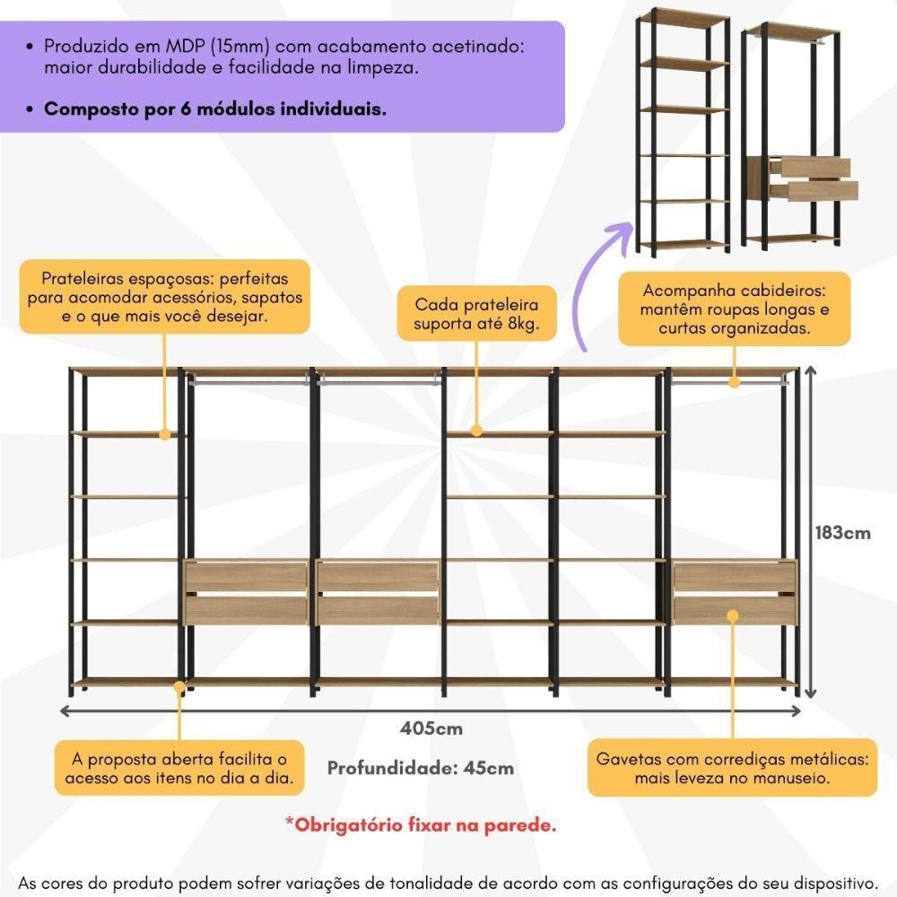 Closet Aberto Modulado Arara Organizadora Com Cabideiro 405cm Allegra Multimóveis Mp4391 Preto/madeirado - 3