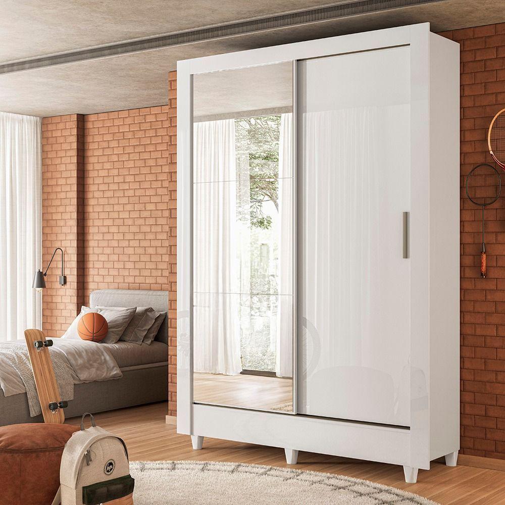 Guarda Roupas Solteiro Com Espelho 2 Portas De Correr 2 Gavetas Bélgica Andirá Branco - 2