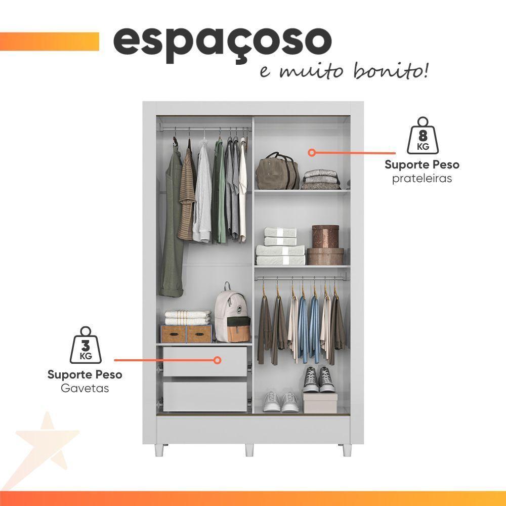 Guarda Roupas Solteiro Com Espelho 2 Portas De Correr 2 Gavetas Bélgica Andirá Branco - 5