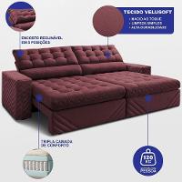 Sofá Retrátil E Reclinável 2,30m Molas Ensacadas Max Spring. Velusoft Cama Inbox Vinho - 6