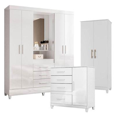 Guarda Roupa Casal Capelinha Capri Com Cômoda Vênus Com Pés E Armário Multiuso Jade Branco Brilho– Moval