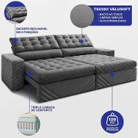 Sofá Retrátil E Reclinável 2,30m Molas Ensacadas Max Spring. Velusoft Cama Inbox Cinza