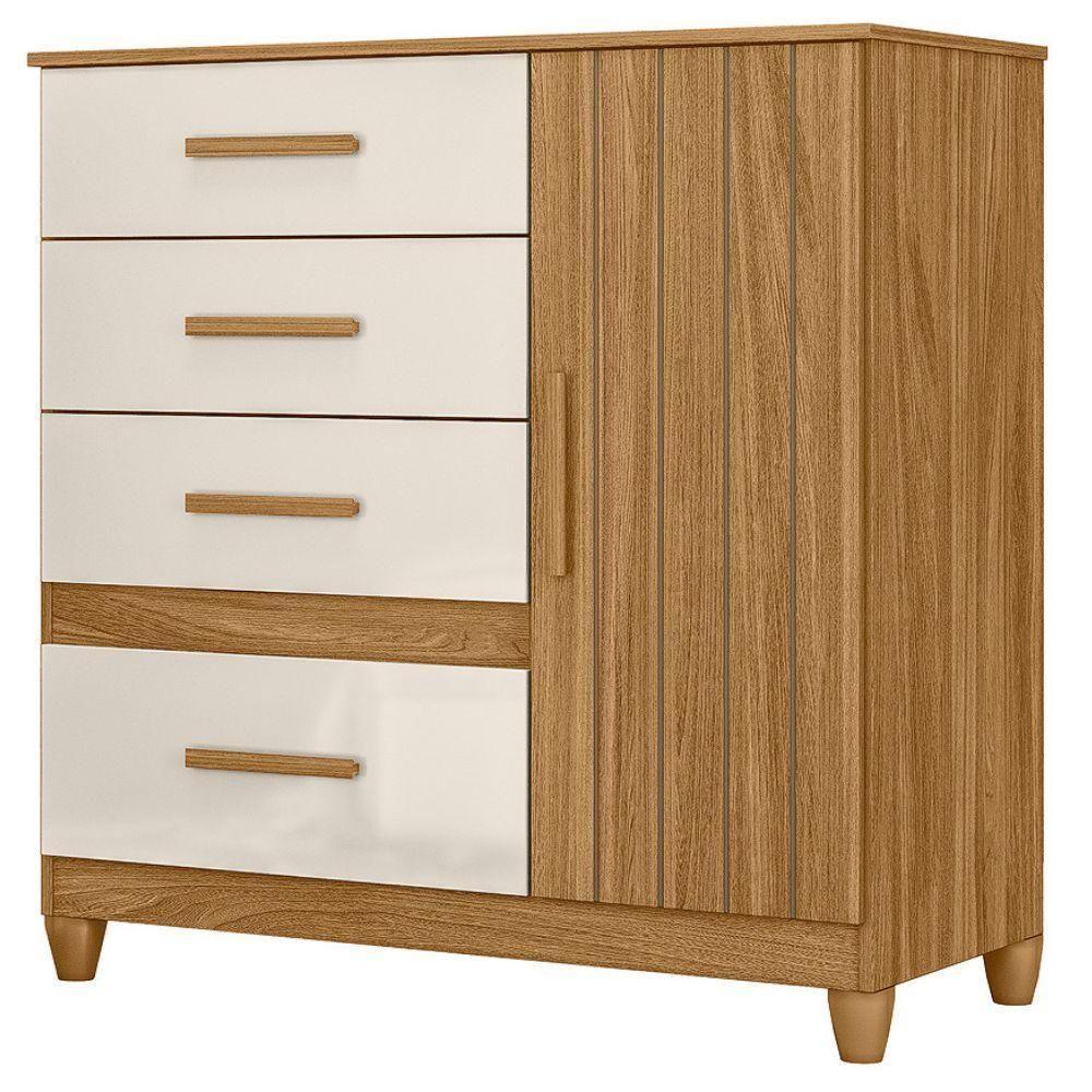 Comoda Venus 4 Gavetas 1 Porta Com Pes 98 Cm Freijo Off White Friso Moval - 1