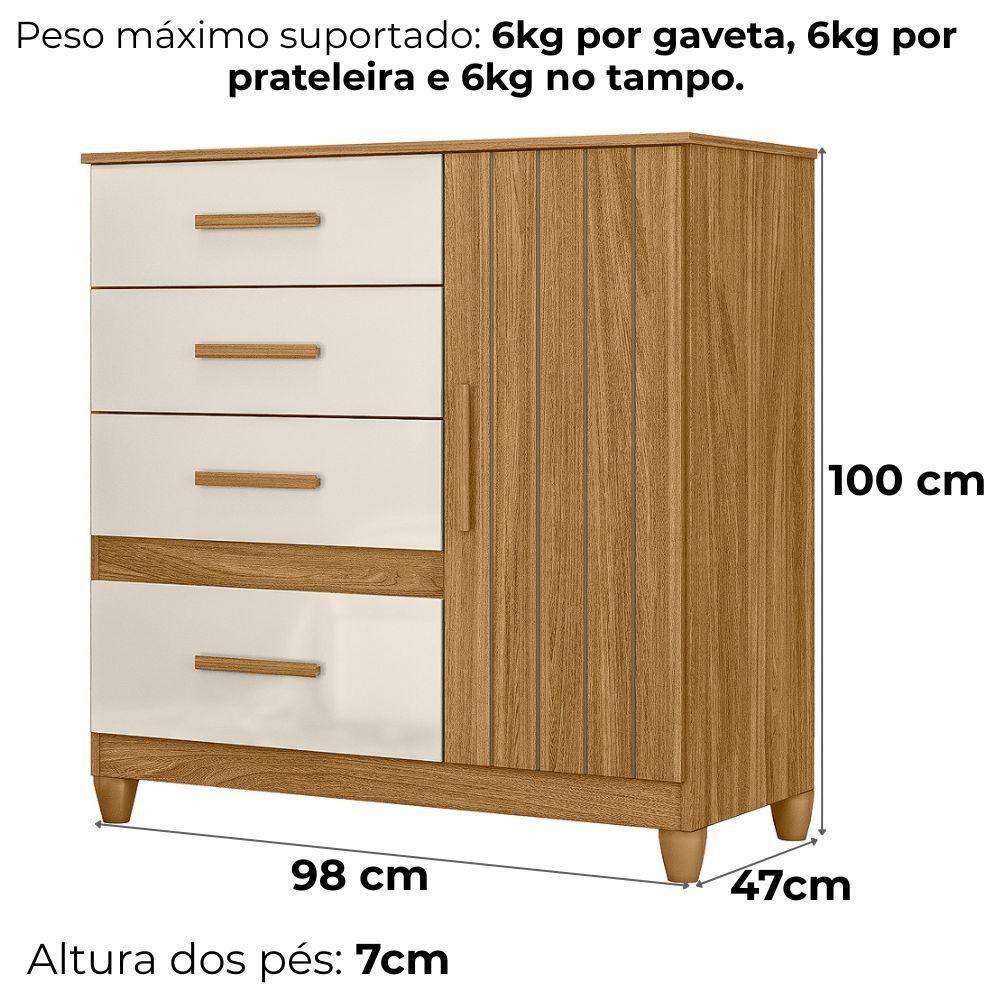 Comoda Venus 4 Gavetas 1 Porta Com Pes 98 Cm Freijo Off White Friso Moval - 3