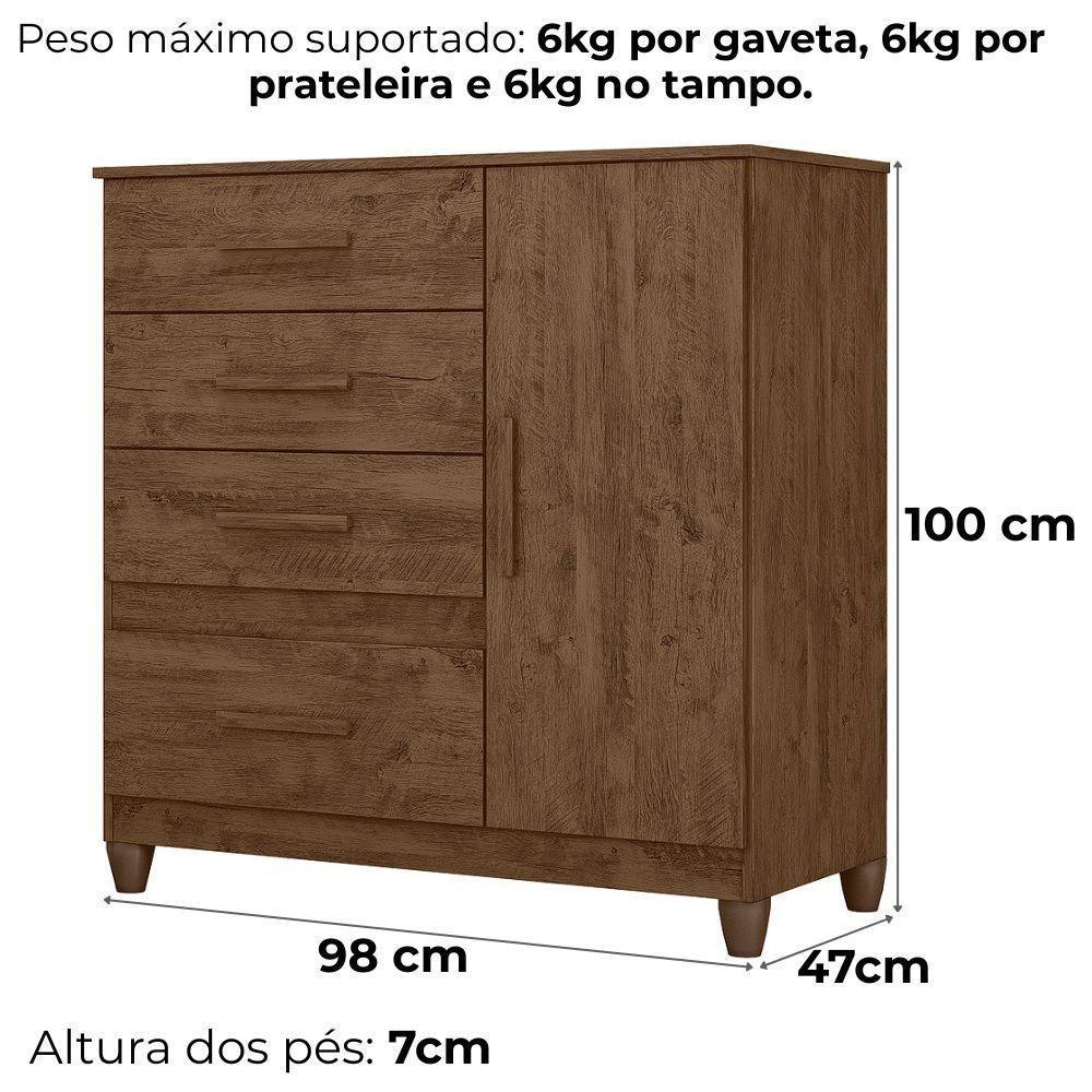 Comoda Venus 4 Gavetas 1 Porta Com Pes 98 Cm Castanho Wood Flex Moval - 3