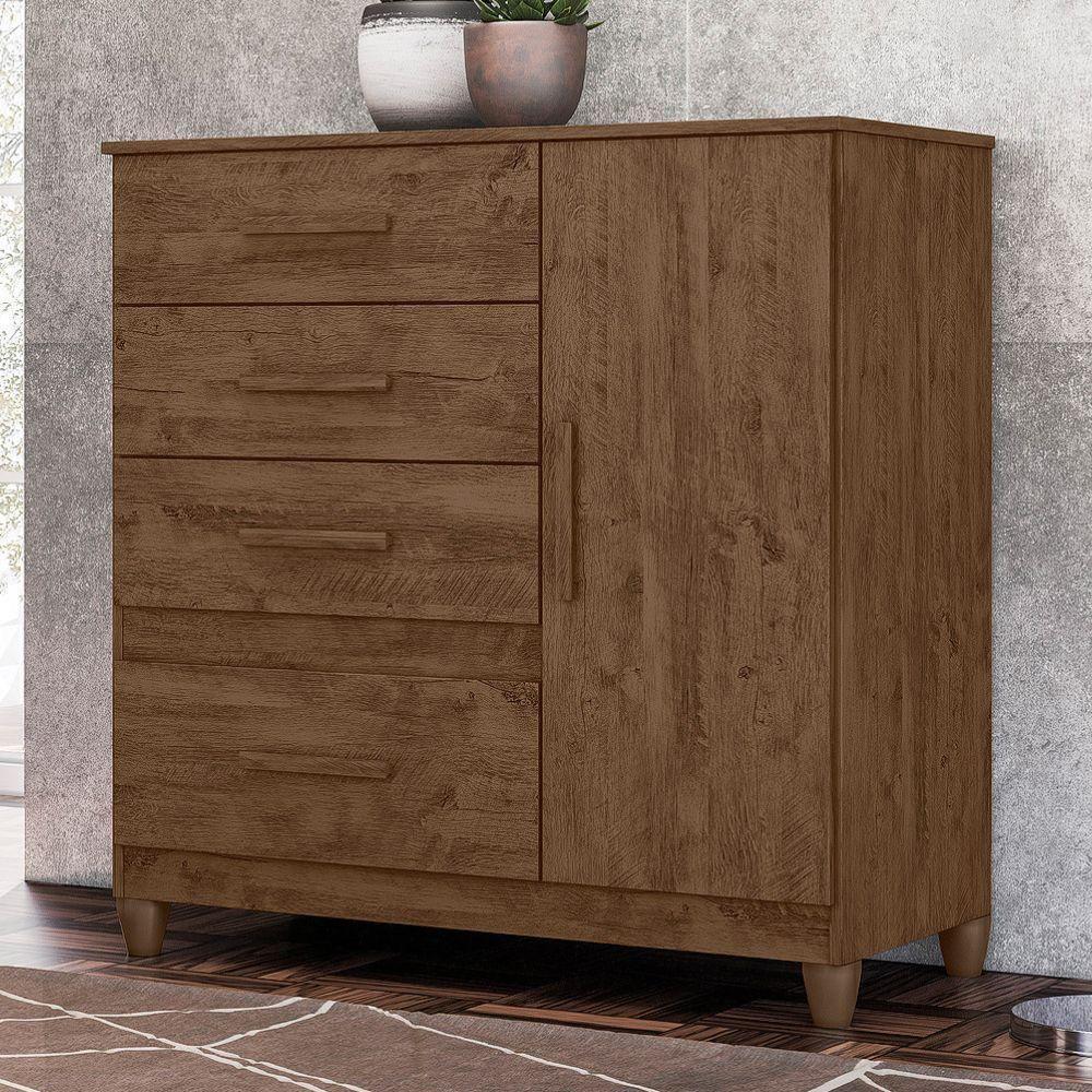Comoda Venus 4 Gavetas 1 Porta Com Pes 98 Cm Castanho Wood Flex Moval - 7